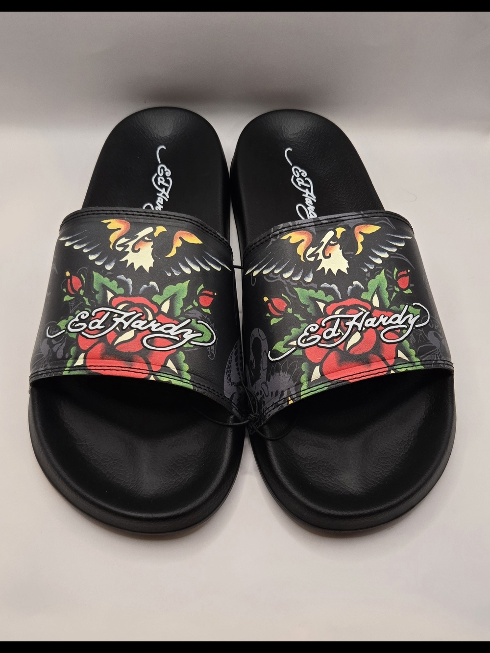 NWOT: Ed Hardy Eagle Rose Tattoo Slides Men’s Size 10 Black Y2K Sandals